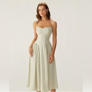 Rihoas Green Square Neck Pocket Slip Midi Dress